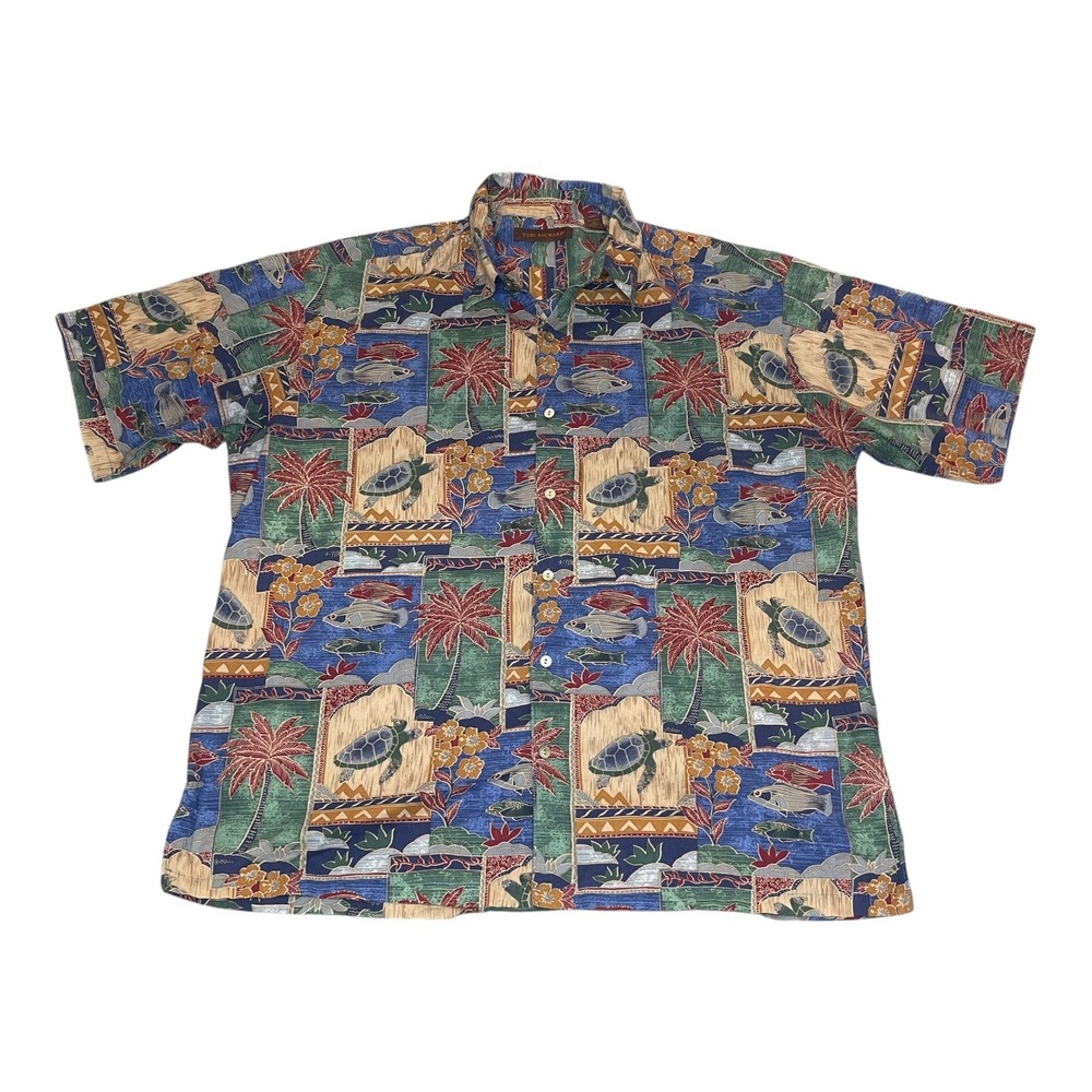 Tori Richard Mens XL Cotton Lawn Hawaiian‎ Camp Shirt Sea Turtle Fish Palm Tree
